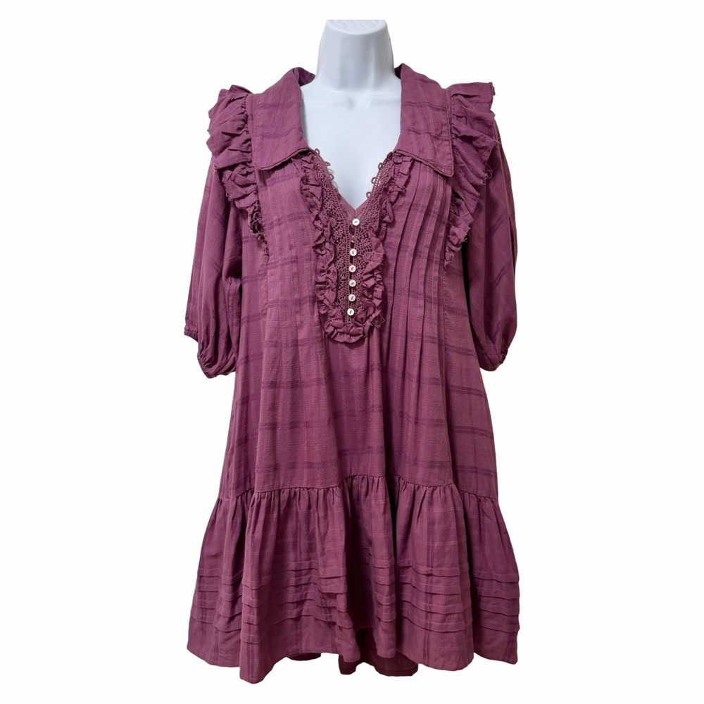 Free People Elora Tiered Puff Sleeve Mini Dress Size XS Purple Cottagecore Boho